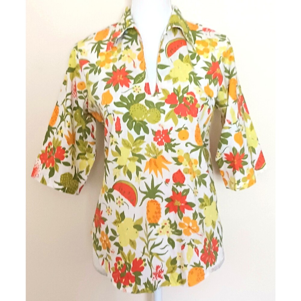 VTG Ruth Clarage Blouse Tropical Fruit Handprinted Original Fabric Jamaica Sz S